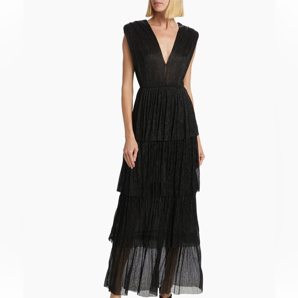 Sabina Musáyev Skylar Tiered Belted Metallic Gown